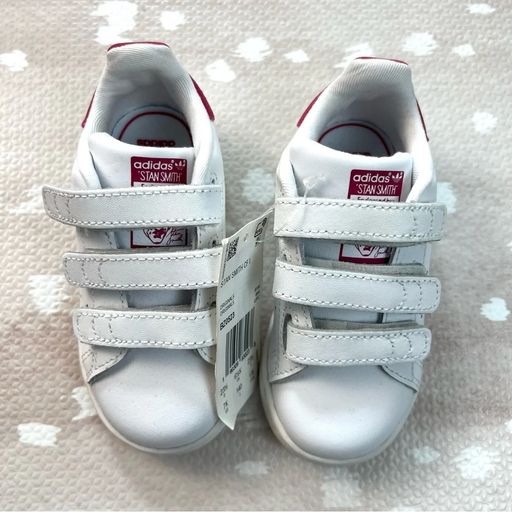 Adidas Stan Smith Kids White and Pink Sneakers Shoes For Girls 7K - Picture 3 of 6